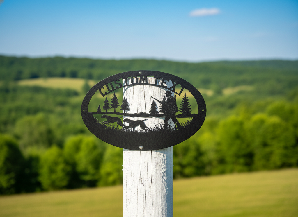 Personalisiertes ovales Jagdschild mit Jäger und Jagdhunden aus schwarzem Stahl – Bild 5