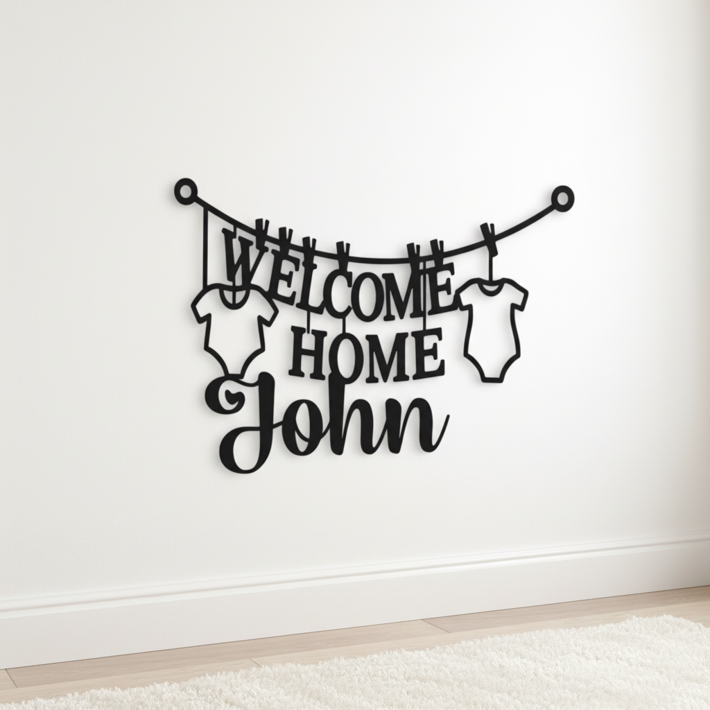 Personalized Welcome Home Baby metal sign with clothesline, name and birth details – image 2