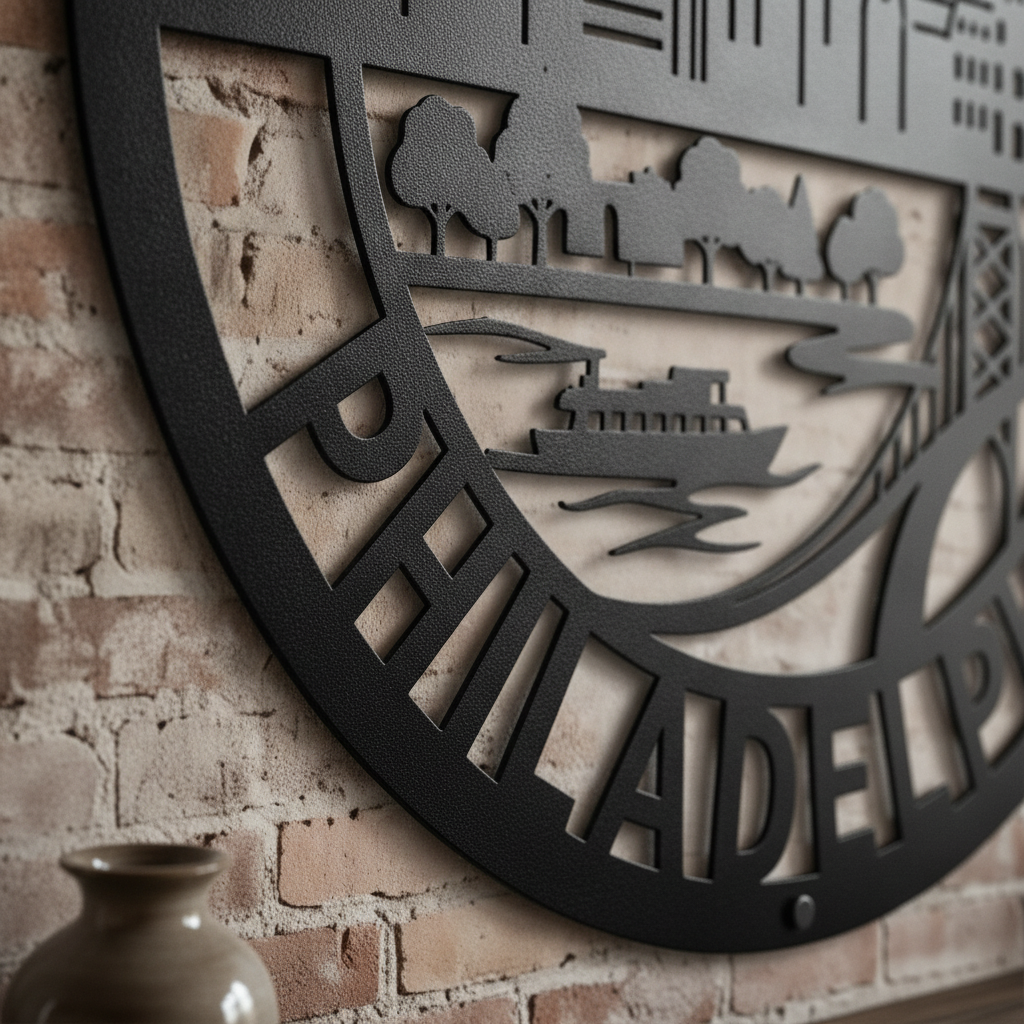 Round Philadelphia skyline metal sign with bridge in black steel – image 5
