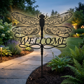 Gartenstecker Libelle mit Blumenflügeln und Welcome aus schwarzem Stahl