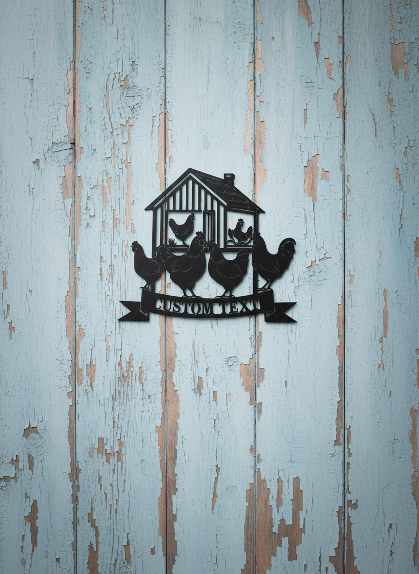 Personalisierter Gartenstecker Hühnerstall mit Hennen und Hahn aus schwarzem Stahl – Bild 5