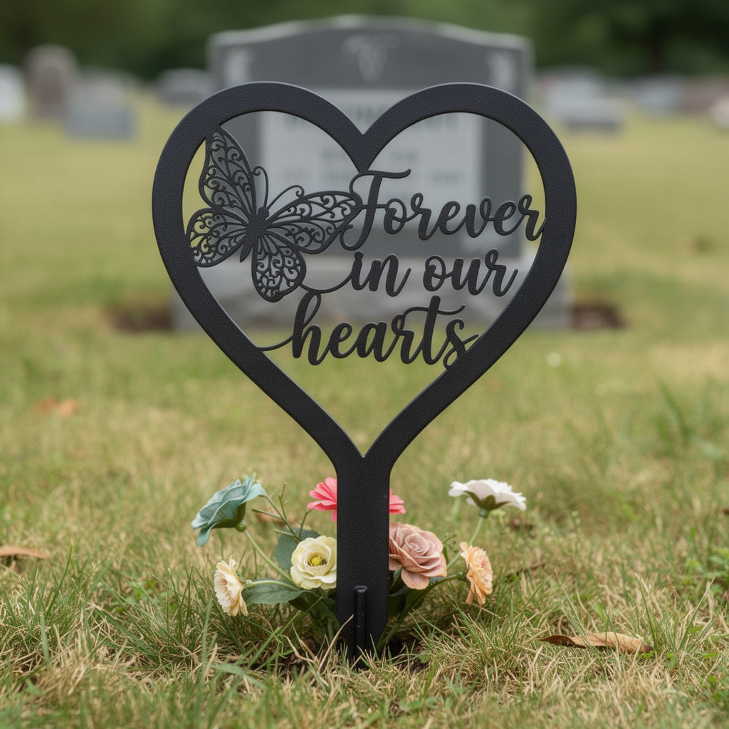 Forever in our hearts memorial stake with heart and butterfly in black steel – image 10