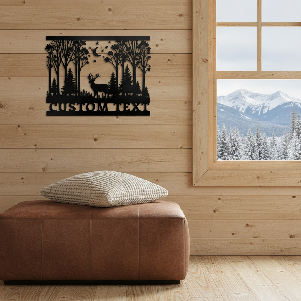 Personalized deer in night forest metal sign with crescent moon in black steel – image 4