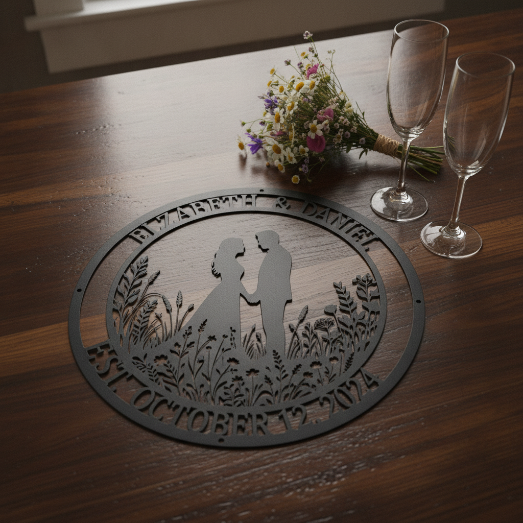 Personalized wedding metal sign with couple names and wedding date in black steel – image 2
