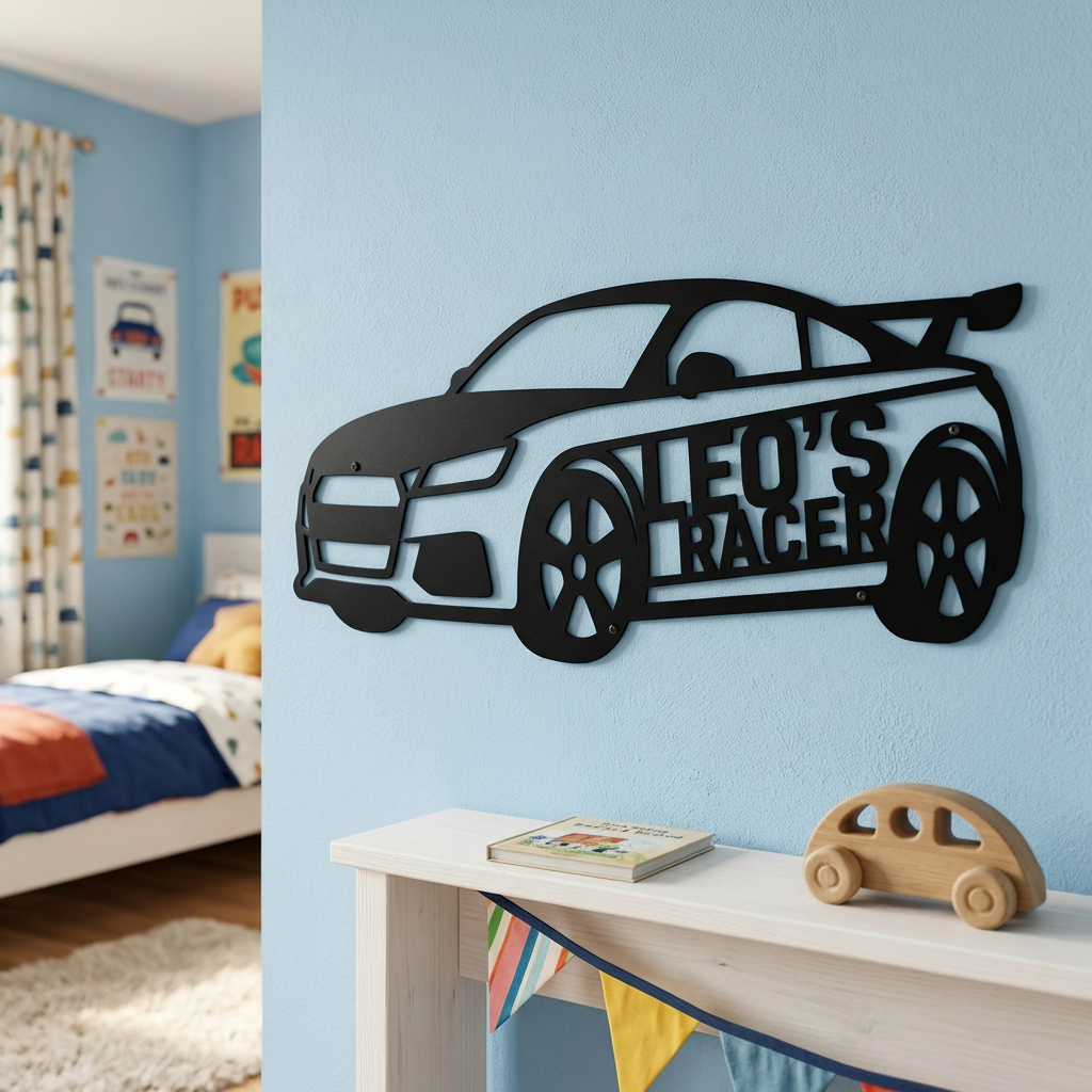 Personalisiertes Namensschild Rennauto fürs Kinderzimmer aus schwarzem Stahl