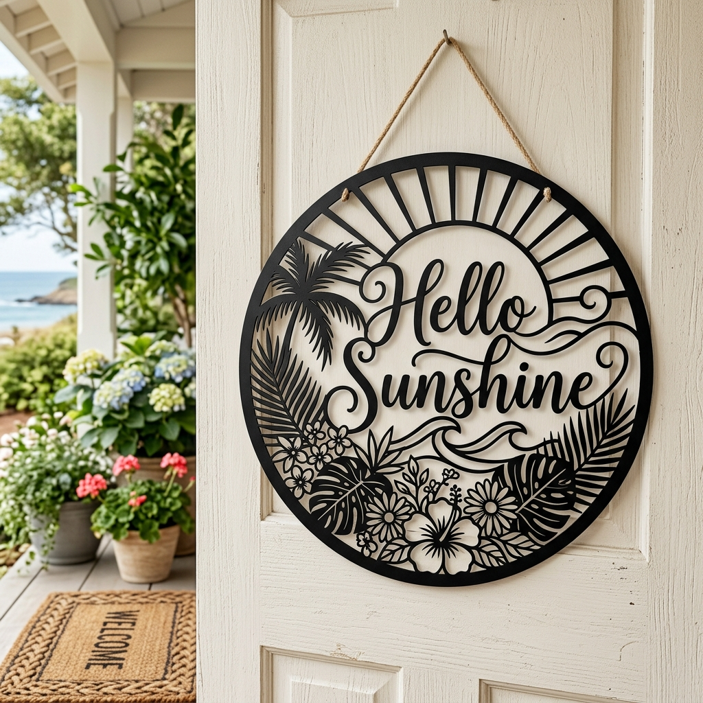 Hello Sunshine tropischer Strand Metallschild rund – Bild 2