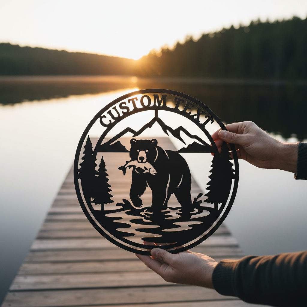 Personalized round grizzly bear metal sign with salmon, mountains and name in black steel – image 6