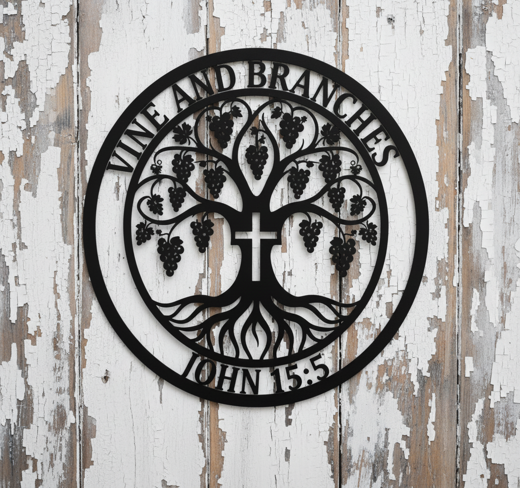 Round I am the vine John 15:5 metal sign with cross and tree in black steel – image 10