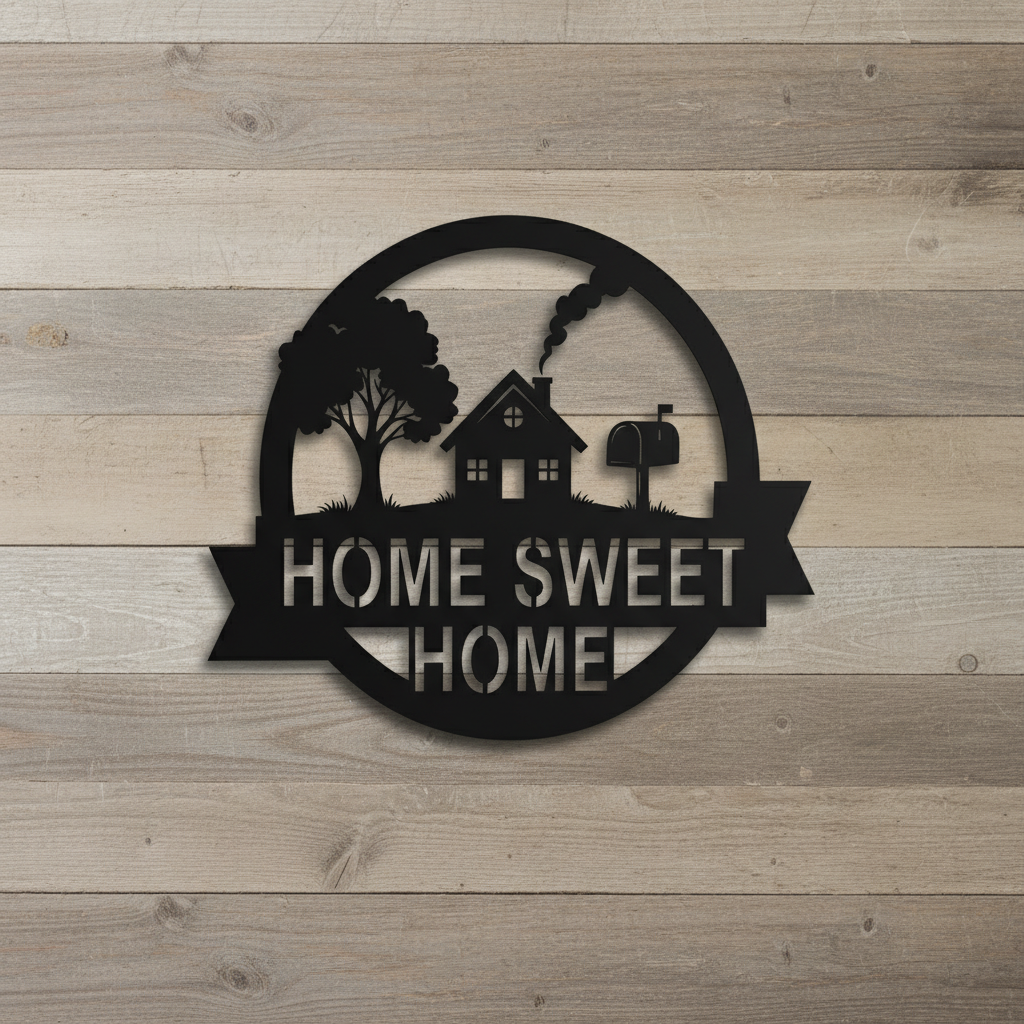 Round Home Sweet Home metal sign with house and mailbox in black steel – image 2