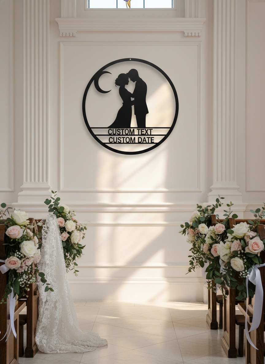 Personalized round metal sign with couple on crescent moon and stars – image 5