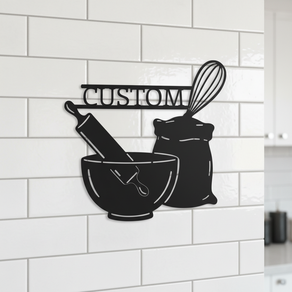 Personalized baking kitchen sign with mixing bowl, whisk and flour in black steel – image 6
