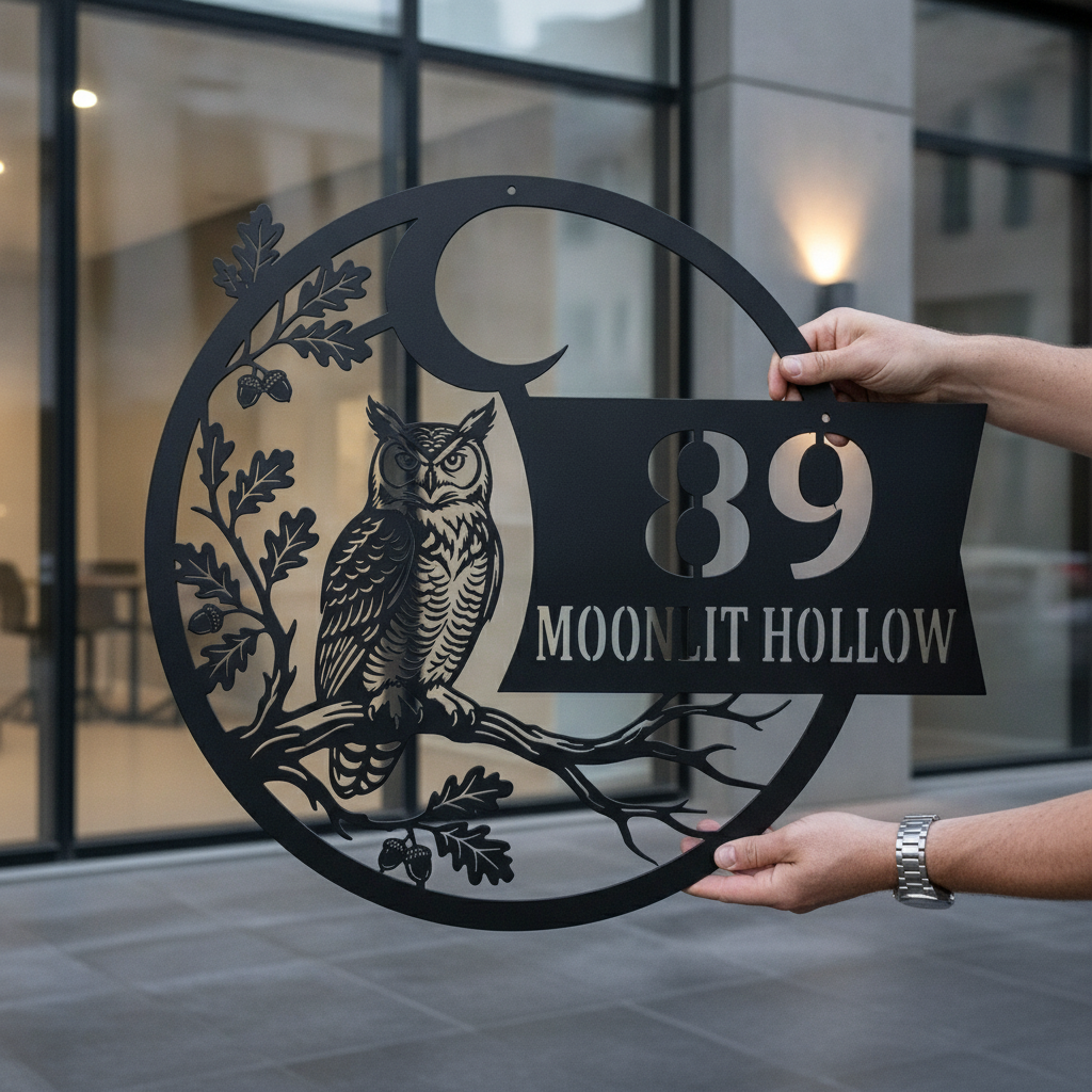 Personalized owl house number sign with crescent moon in black steel – image 7