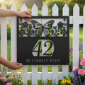 Personalized butterfly house number sign with flowers in black steel