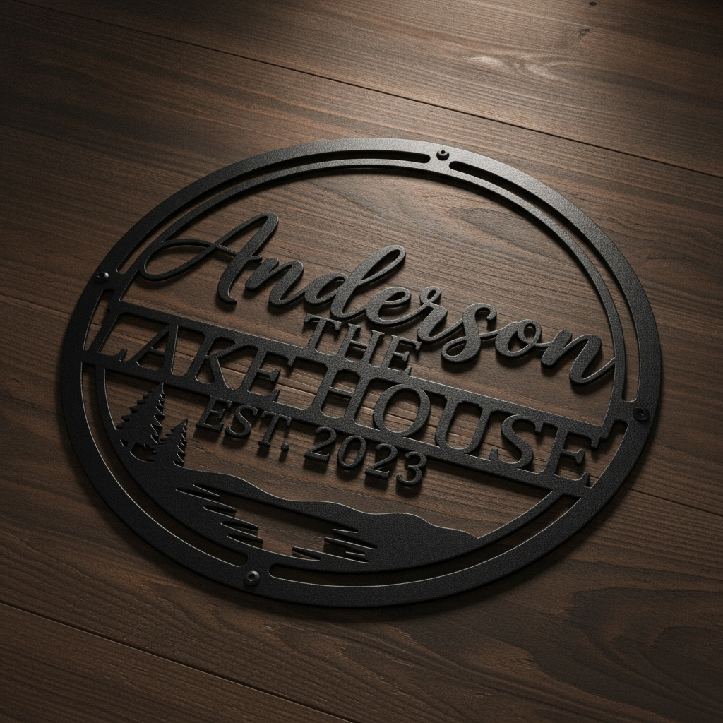 Personalisiertes rundes The Lake House Metallschild mit Familienname und Jahr aus schwarzem Stahl – Bild 9