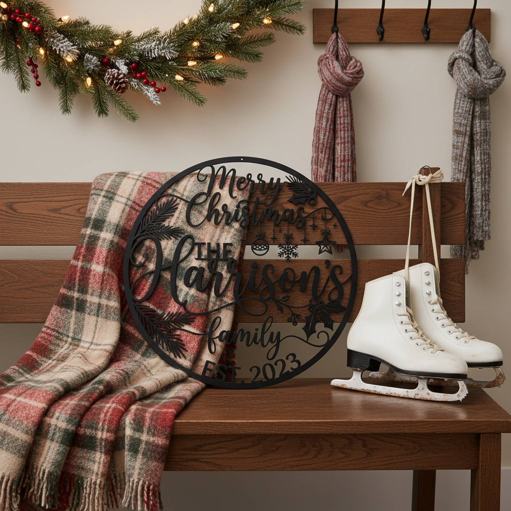 Personalisiertes Familienschild Merry Christmas mit Familienname aus schwarzem Stahl – Bild 3