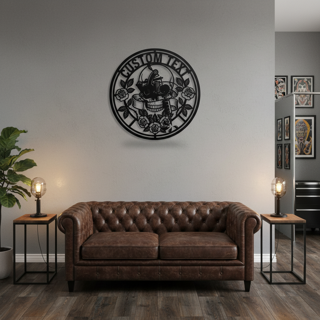 Personalisiertes rundes Tattoostudio Schild mit Totenkopf, Rose und Tattoomaschine – Bild 8
