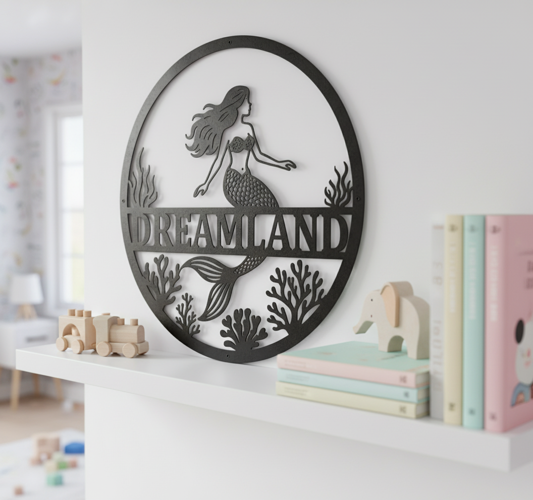 Personalized mermaid kids name sign in black steel for a girls room – image 3
