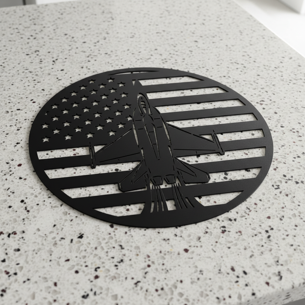Round fighter jet metal sign with American flag in black steel – image 7