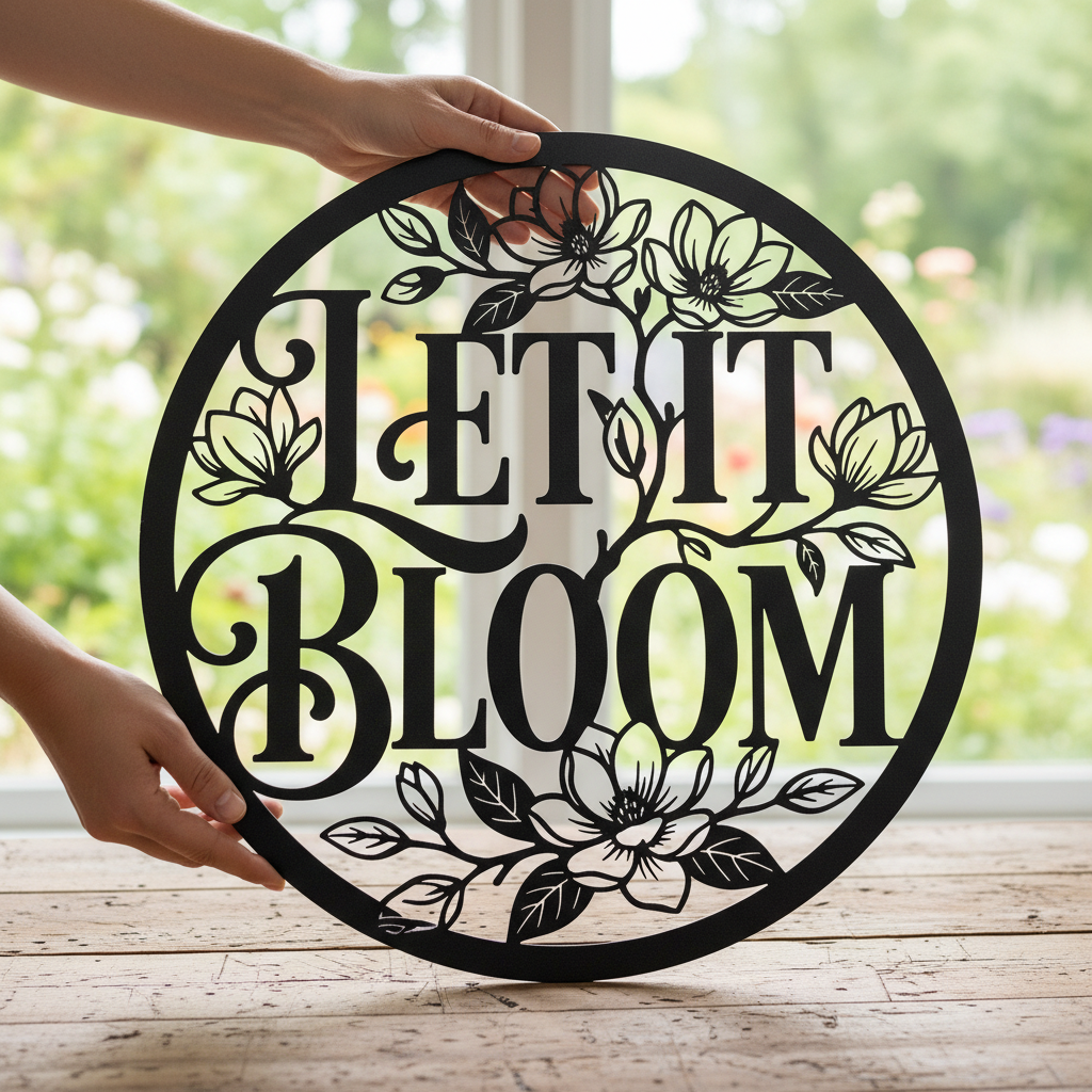Personalisiertes rundes Gartenschild Let it Bloom mit Blumenkranz und Namen – Bild 3