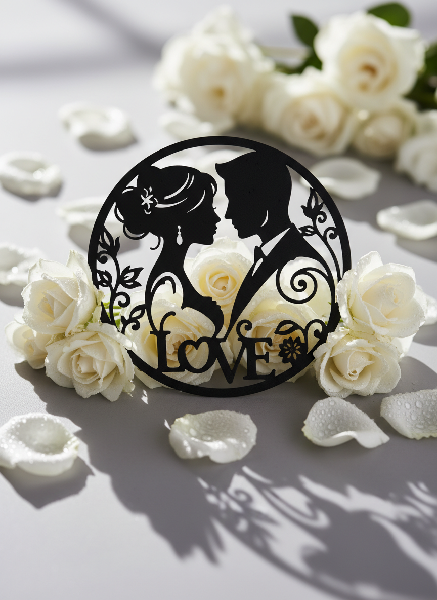 Round bride and groom silhouette metal wall art in black steel – image 8