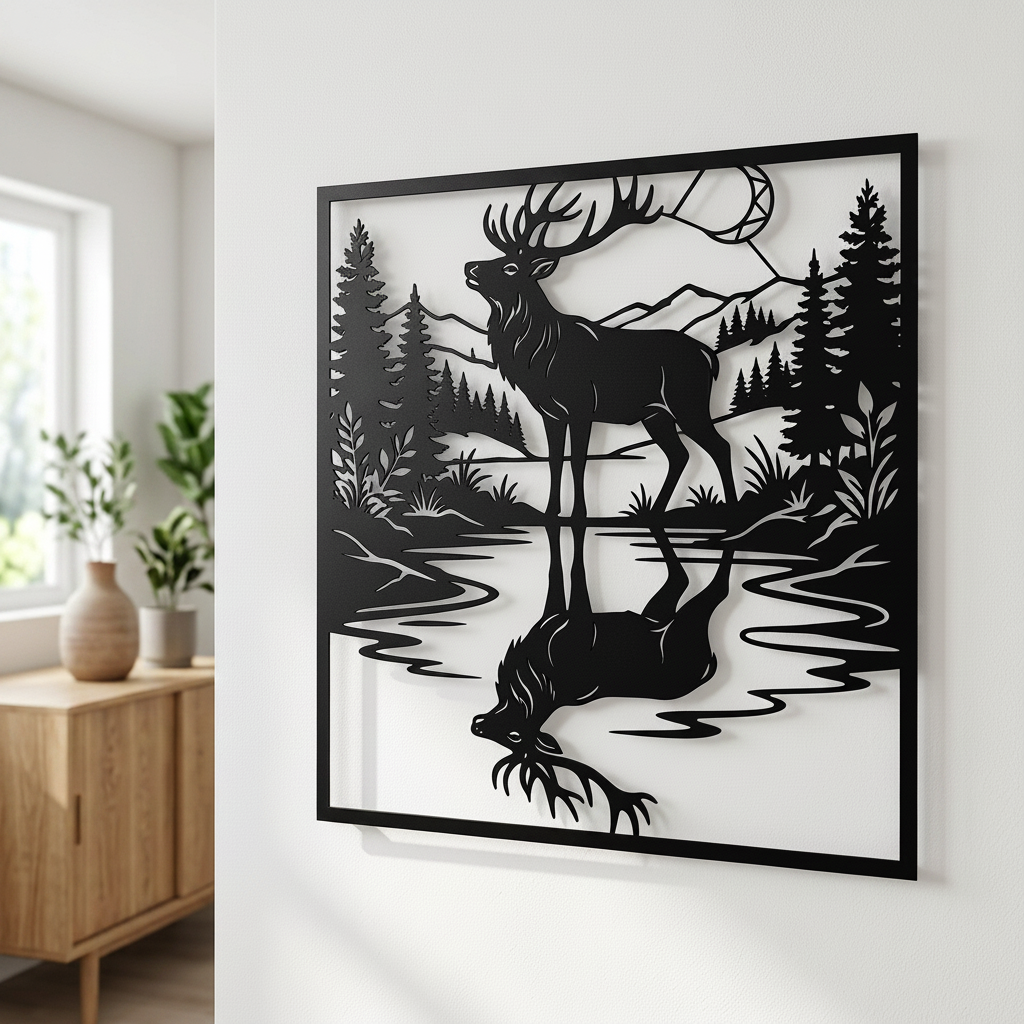 Hirsch mit Spiegelbild im See vor Bergen und Tannenwald, quadratisches Metallschild – Bild 4