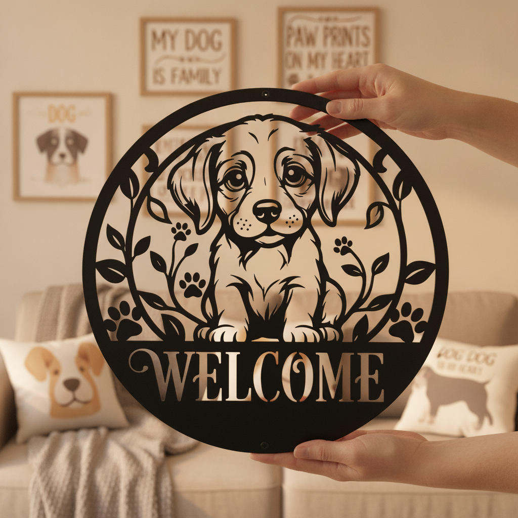 Round puppy welcome sign with paw prints in black steel – image 8