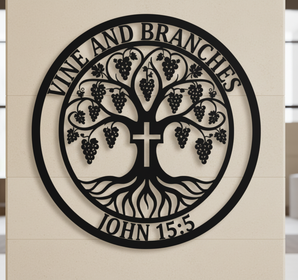 Round I am the vine John 15:5 metal sign with cross and tree in black steel – image 2