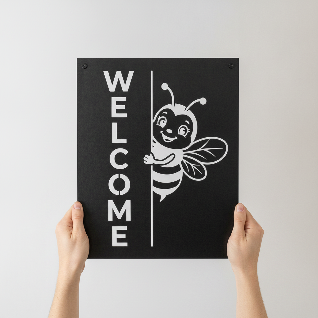 Square bumblebee welcome metal sign in black steel – image 2