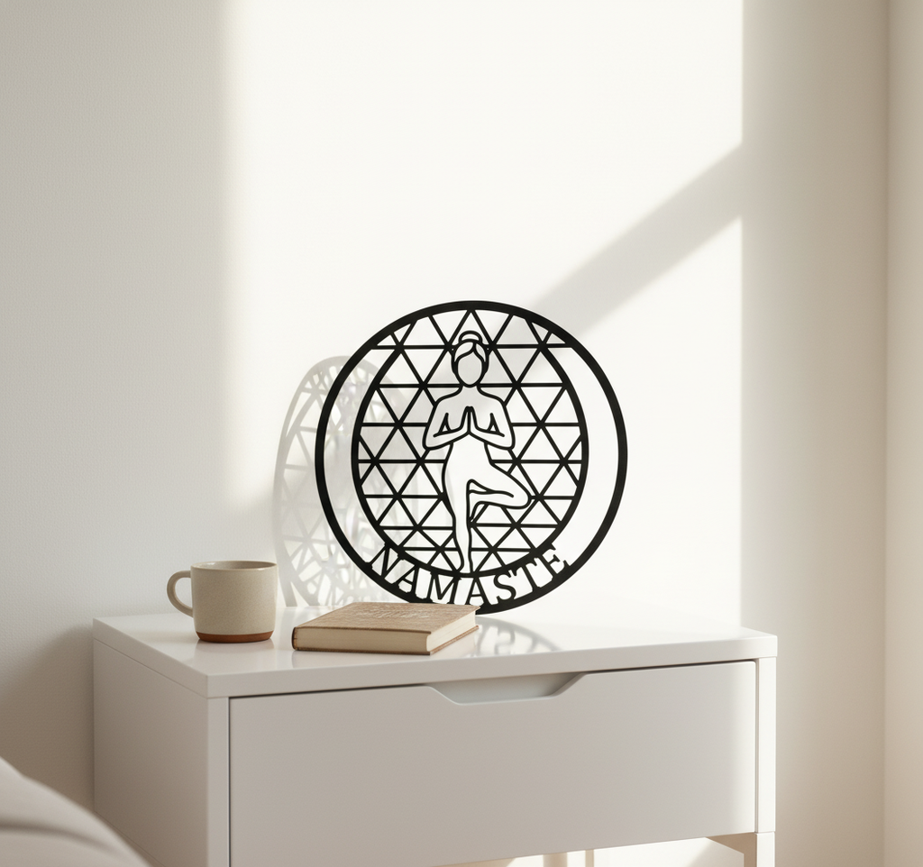 Runde Yoga Wanddeko aus Metall mit Namaste, Baumpose und heiliger Geometrie – Bild 2