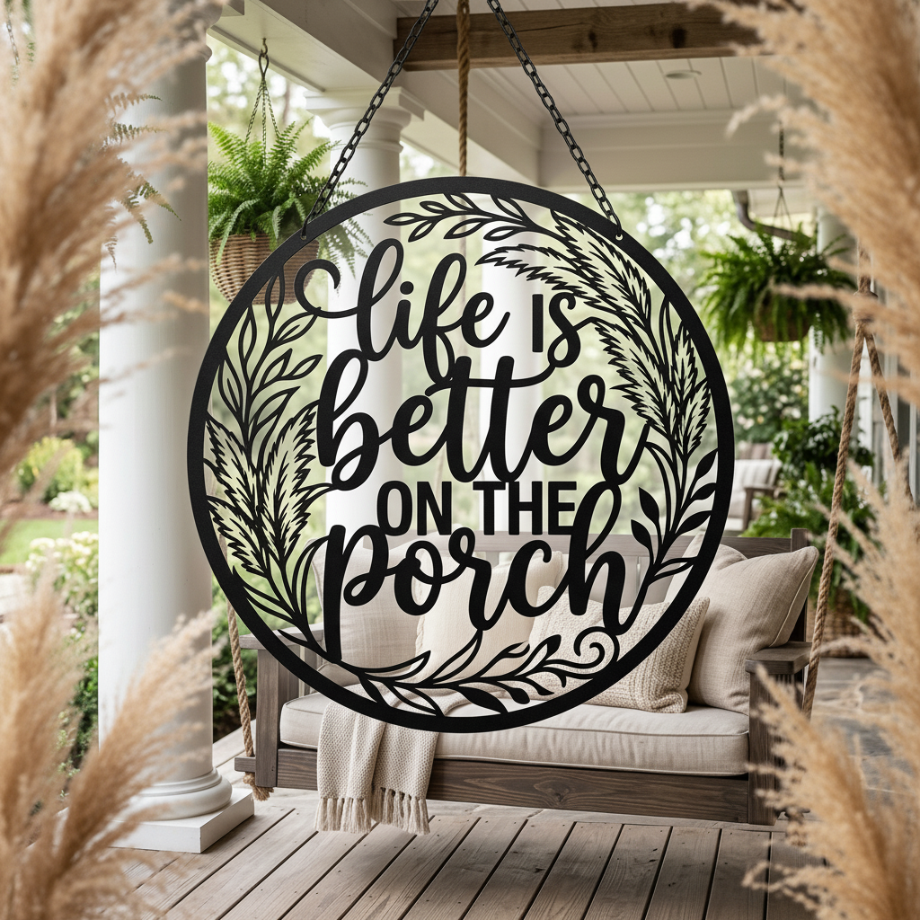 Rundes Boho Metallschild mit Pampasgras und Spruch aus schwarzem Stahl – Bild 6