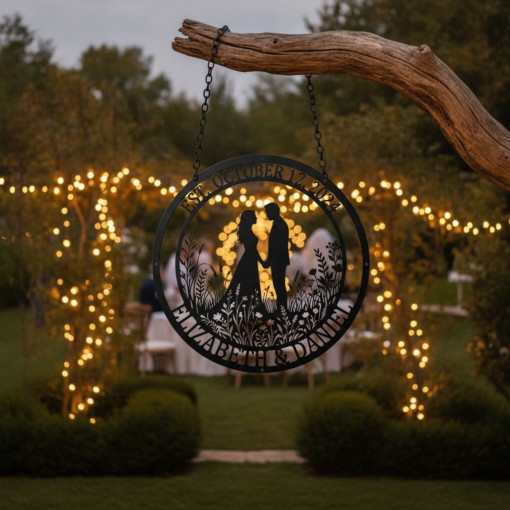 Personalized wedding metal sign with couple names and wedding date in black steel – image 6