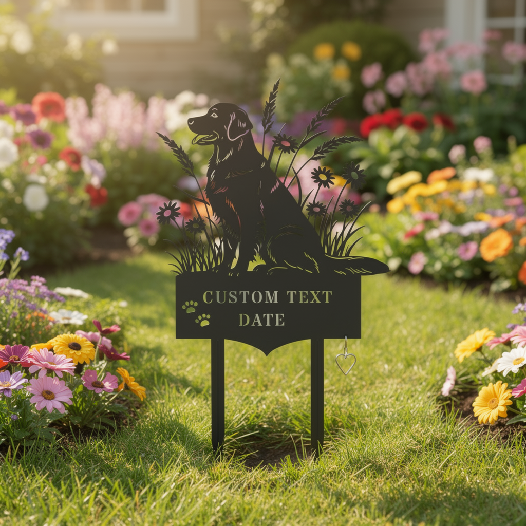 Personalized golden retriever memorial garden stake with name and dates in black steel – image 7