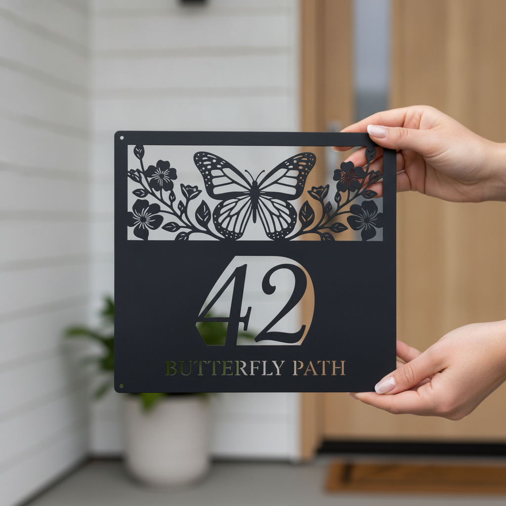 Personalized butterfly house number sign with flowers in black steel – image 3