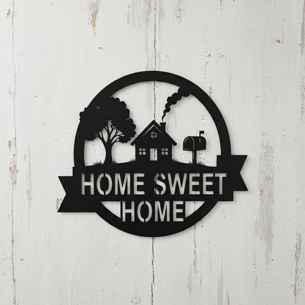 Round Home Sweet Home metal sign with house and mailbox in black steel – image 7