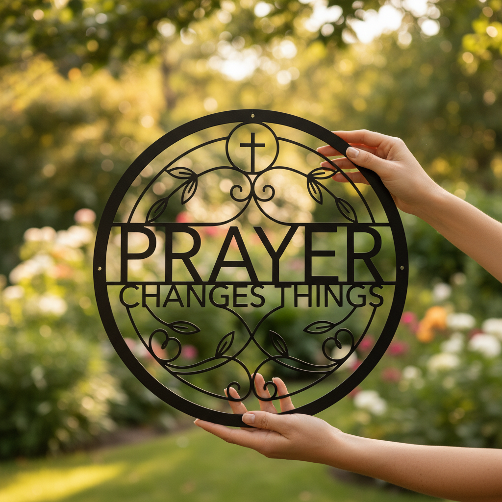 Personalized round Prayer Changes Things metal sign in black steel – image 8