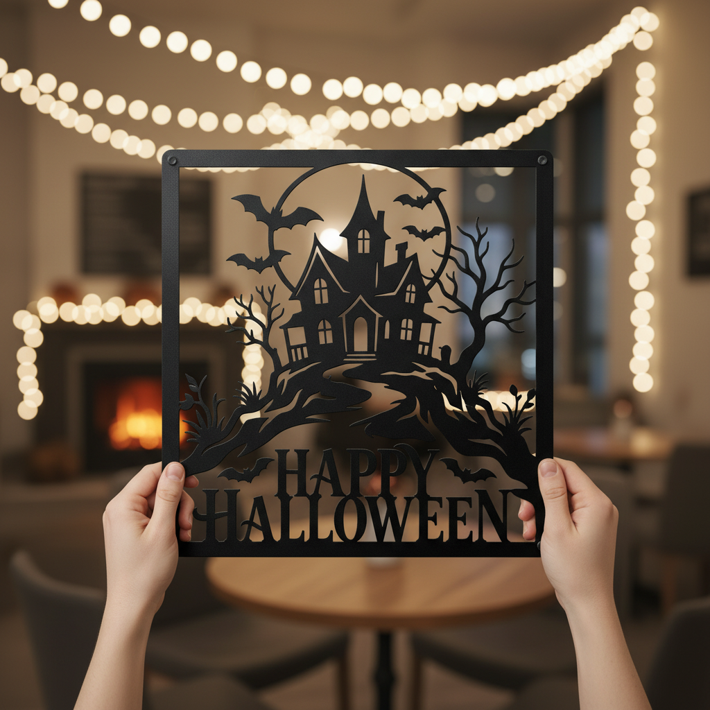 Quadratisches Halloween Metallschild mit Spukhaus, Vollmond und Fledermäusen – Bild 10