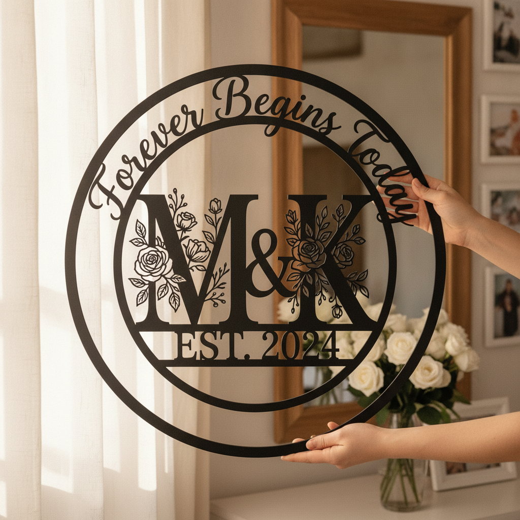 Personalisiertes Hochzeitsschild Forever Begins Today mit Monogramm, Namen und Datum – Bild 4