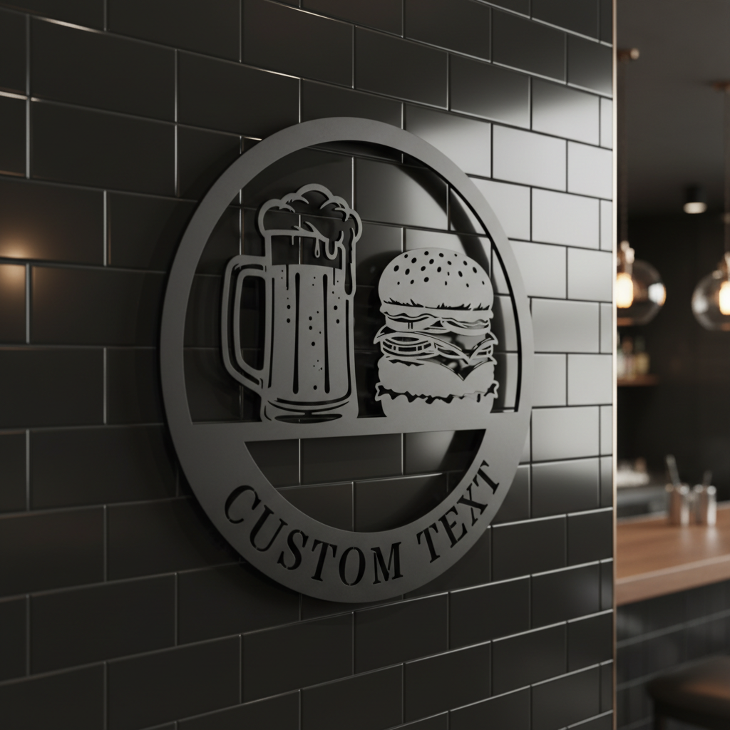 Round Burgers and Brews metal sign with beer mug and cheeseburger in black steel – image 3