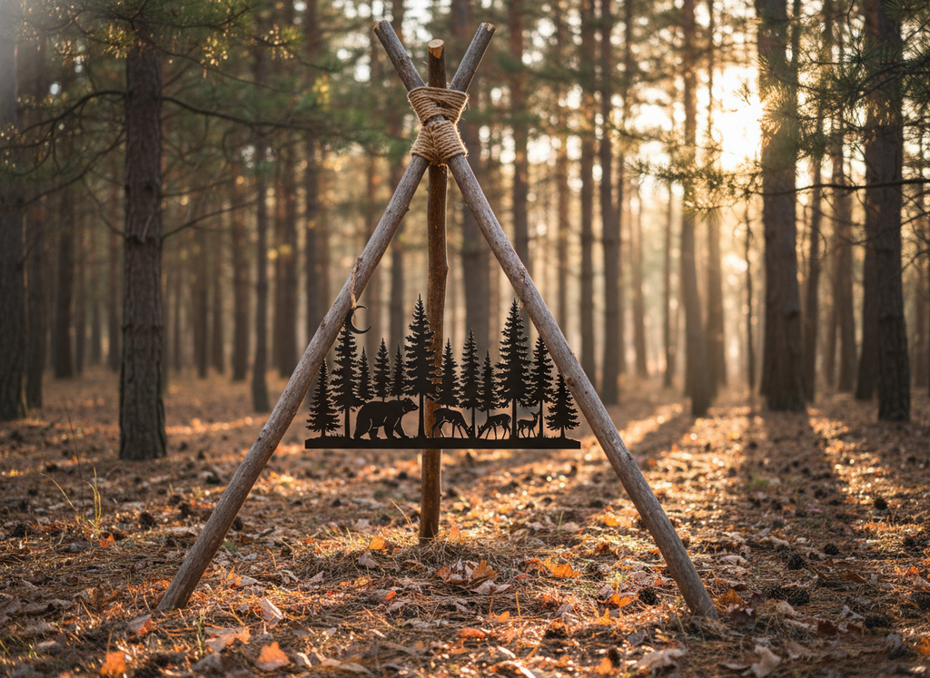 Waldszene Bär und Hirsch mit Mondsichel Metall Wanddeko – Bild 2