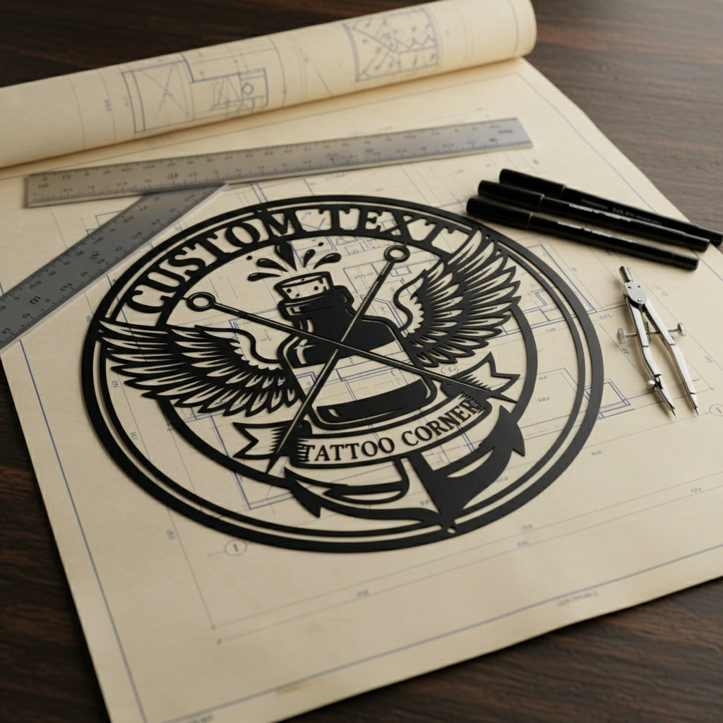 Personalisiertes Tattoo Metallschild rund mit Tintenflasche, Flügeln und Anker – Bild 4