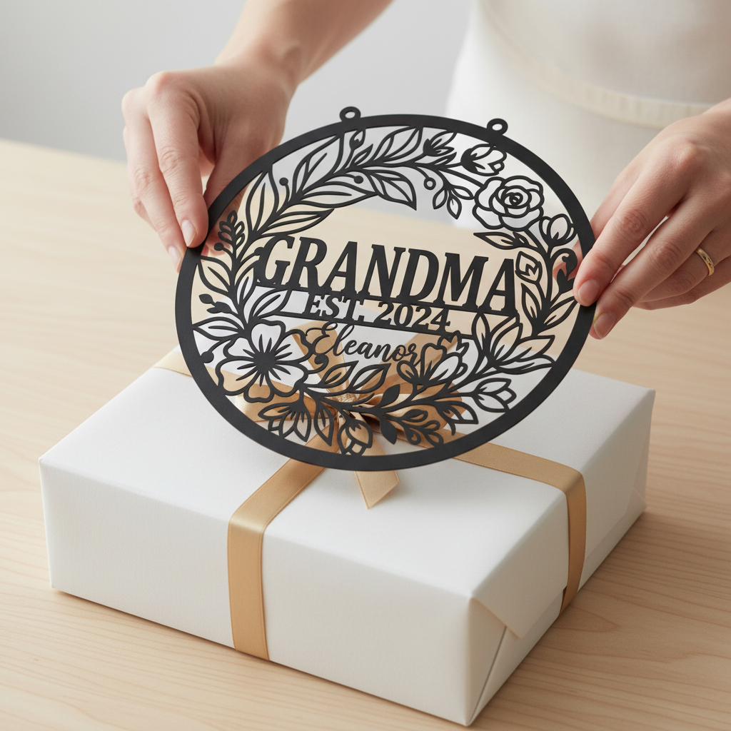 Personalisiertes Oma Metallschild mit Blumenkranz, Namen und Jahr – Bild 5