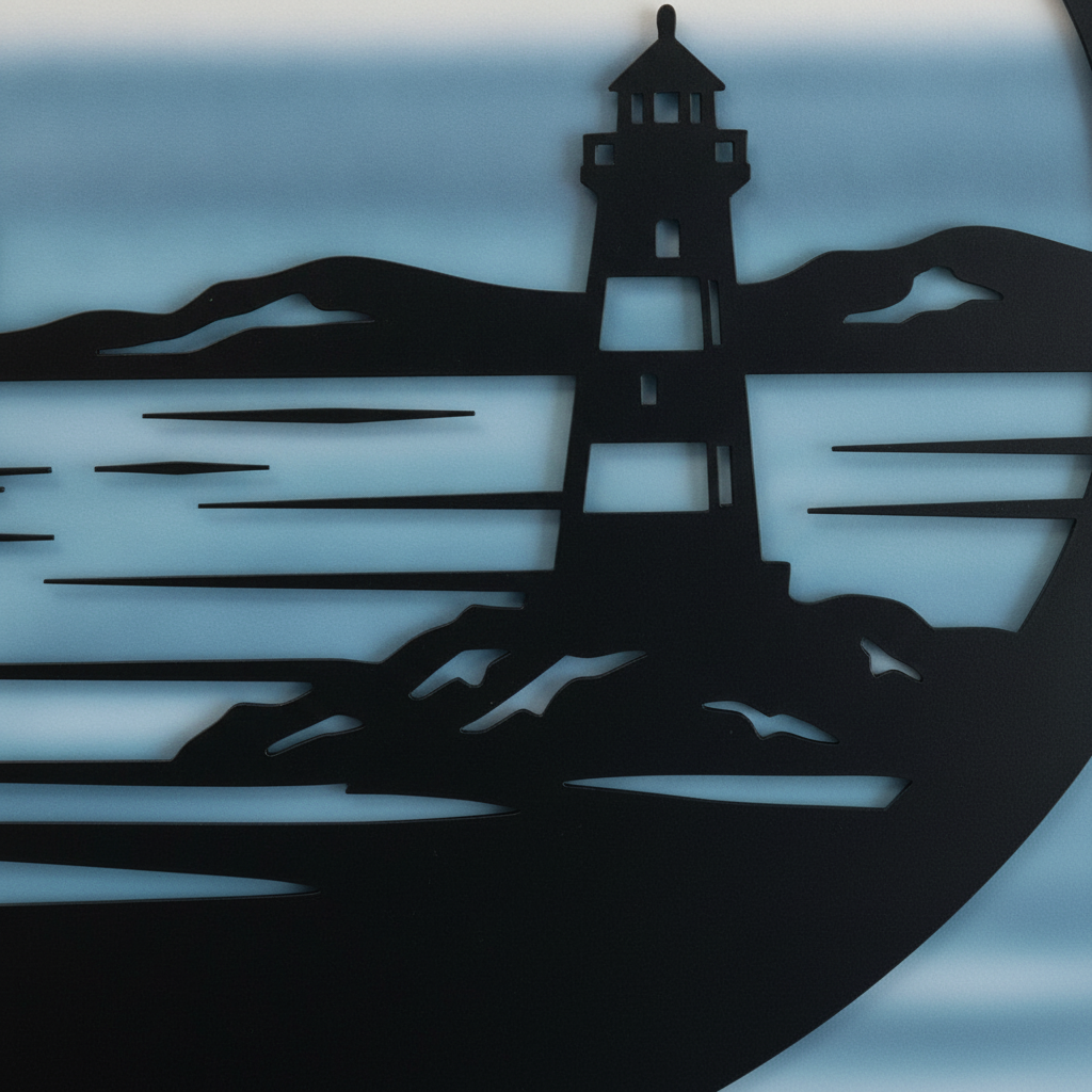 Personalized oval sailing club sign with sailboat and lighthouse in black steel