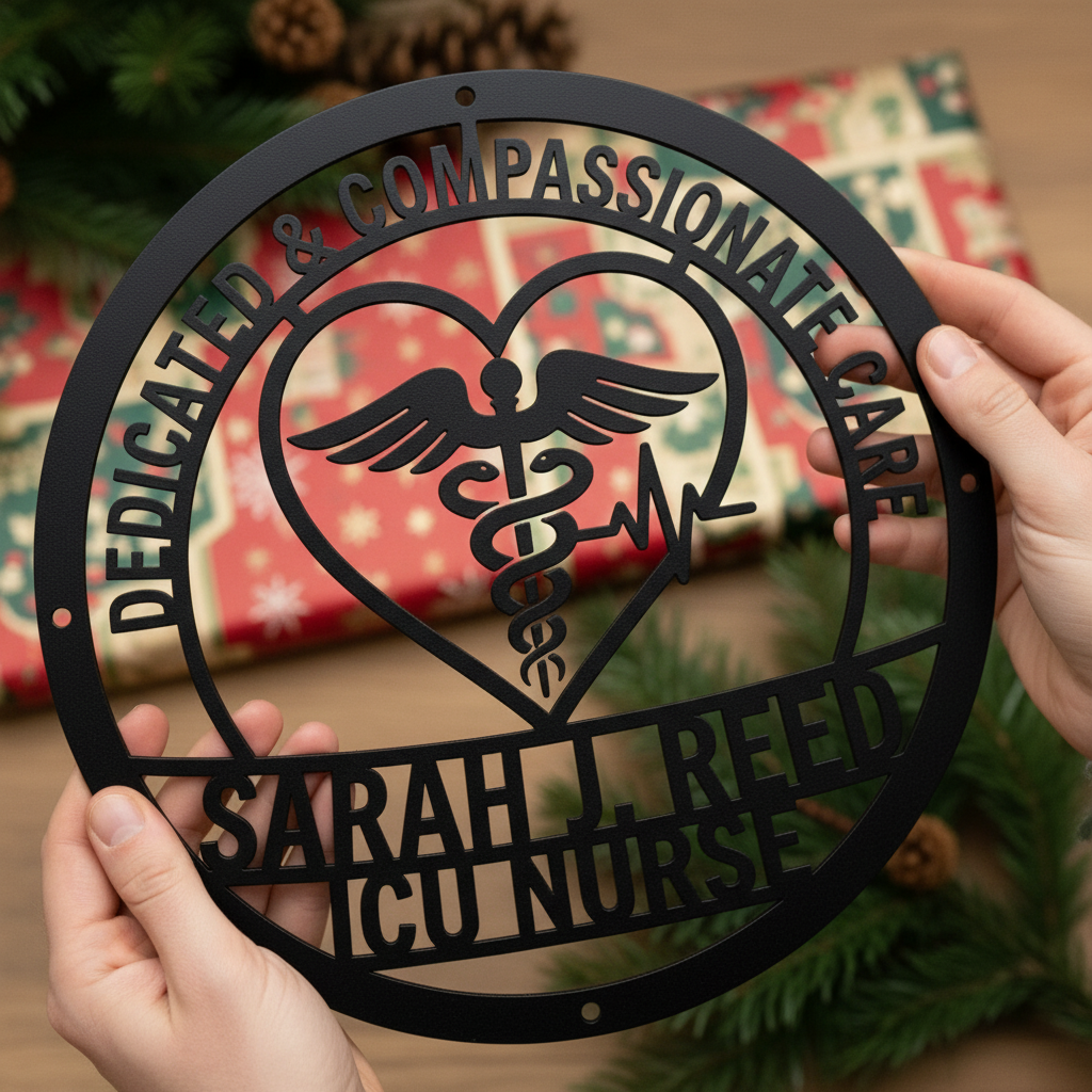 Personalized Compassionate Care nurse sign with caduceus and name in black steel – image 7