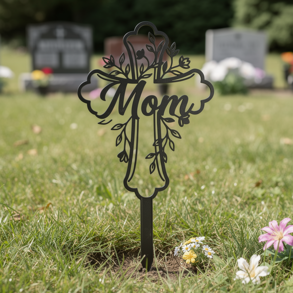 Gedenkstecker Mom mit Blumenkreuz als Grabschmuck aus schwarzem Stahl – Bild 7