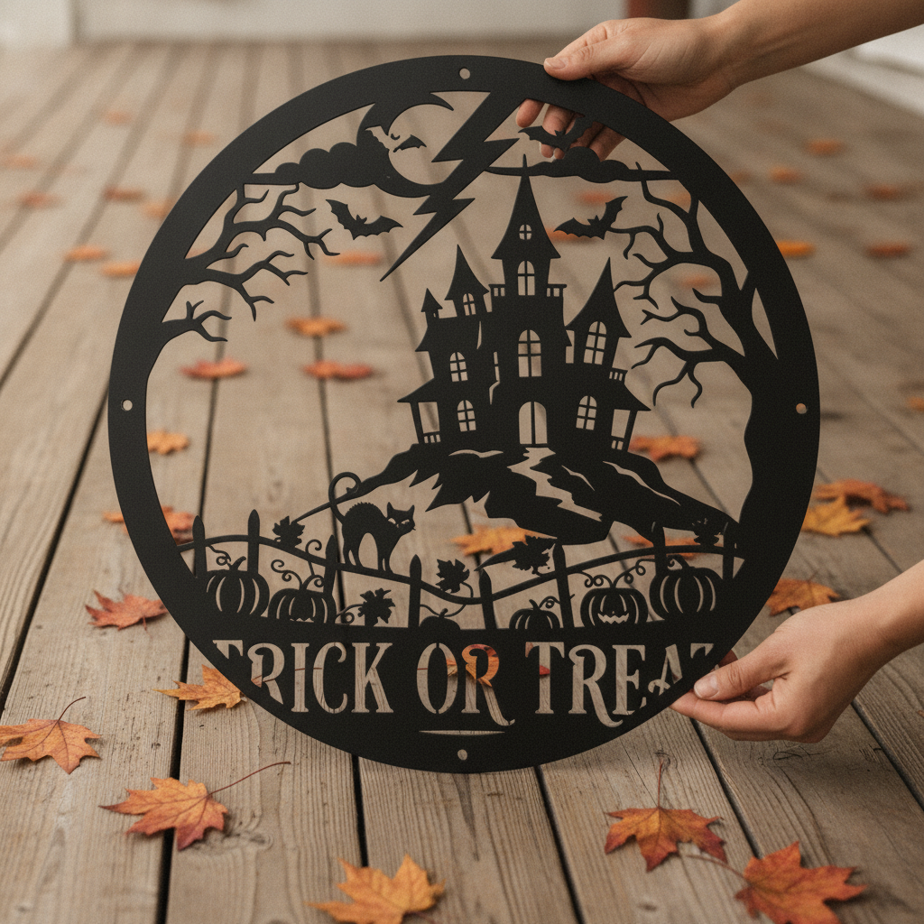 Halloween Spukhaus mit Fledermäusen Trick or Treat Metallschild rund – Bild 5