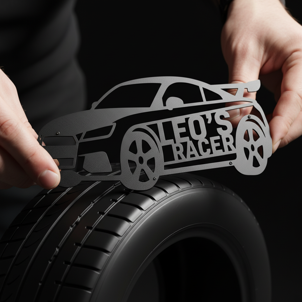 Personalized race car kids name sign in black steel for a boys room – image 3