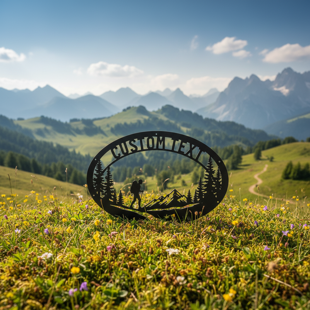 Personalized oval hiker metal sign with mountains and name in black steel – image 6