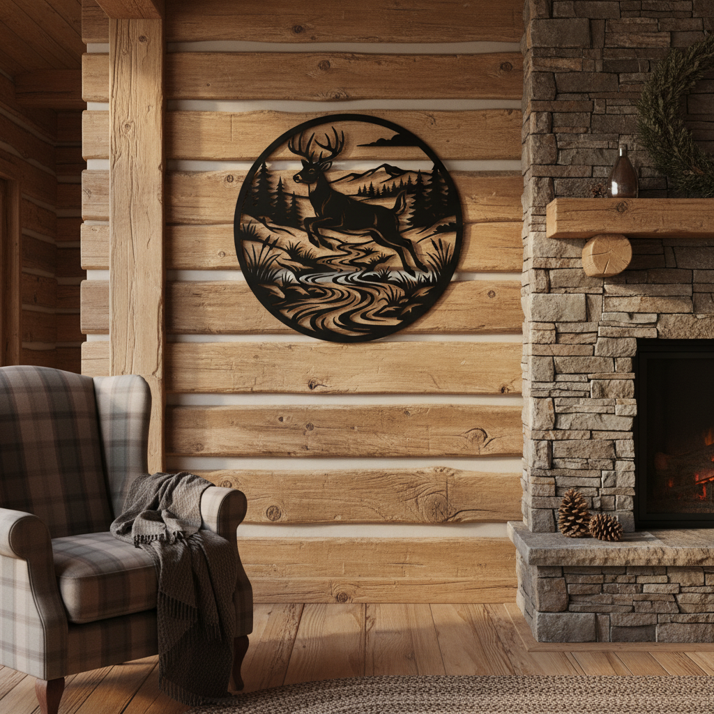 Round metal sign with deer leaping over a river, mountains and forest in black steel – image 8