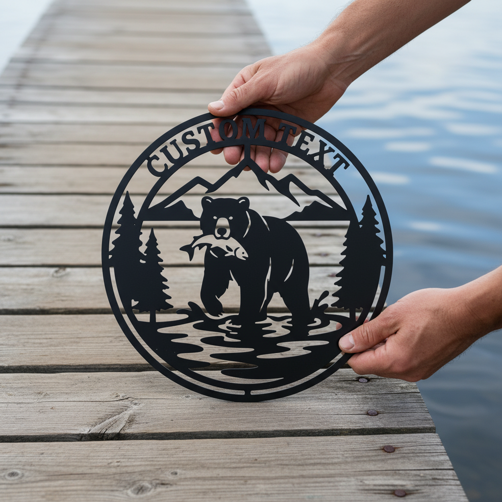 Personalized round grizzly bear metal sign with salmon, mountains and name in black steel – image 7