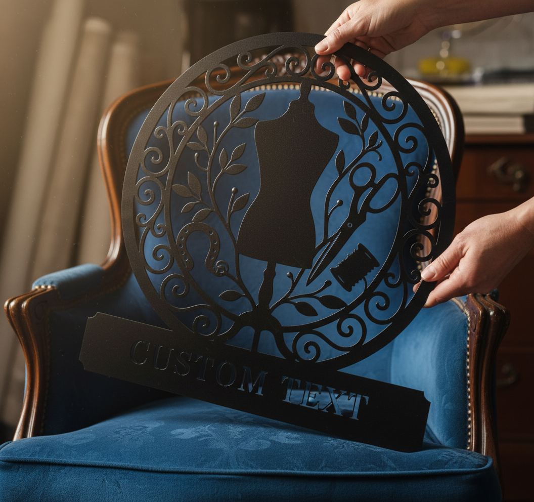 Personalized round sewing room metal sign with dress form, scissors, thread and name – image 9